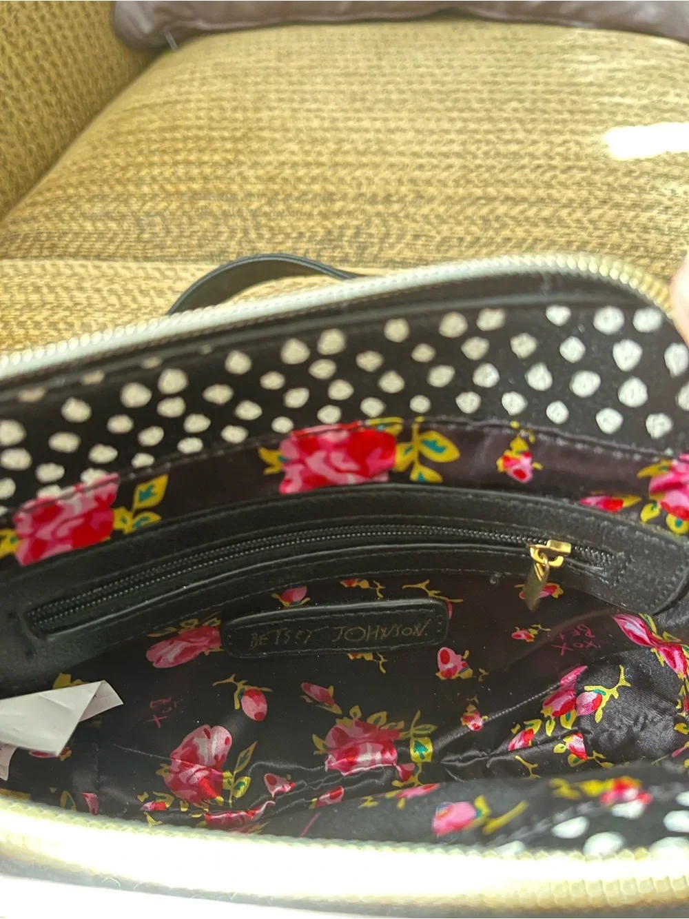 Betsey Johnson Pink, Black and White Polka Dot Crossbody Bag with Gold Hardware
